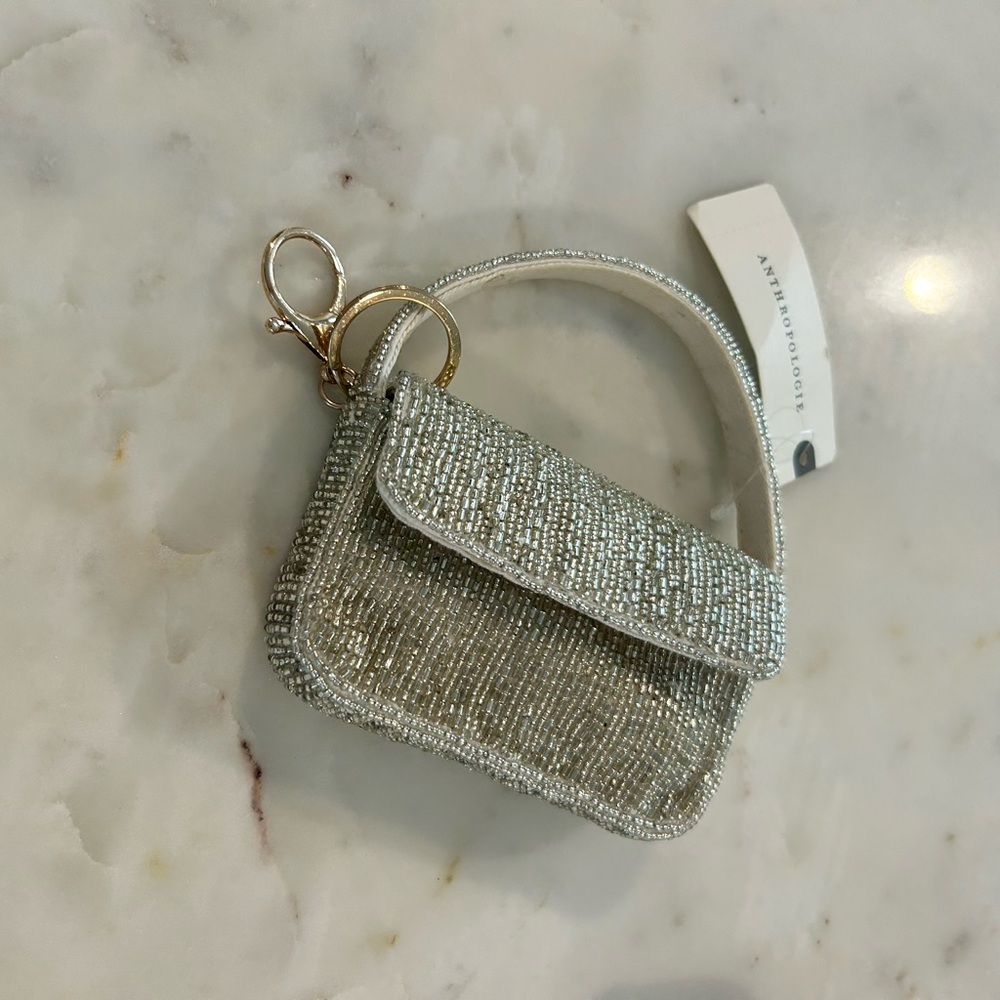 Anthropologie Silver Beaded Mini Top-Handle Bag